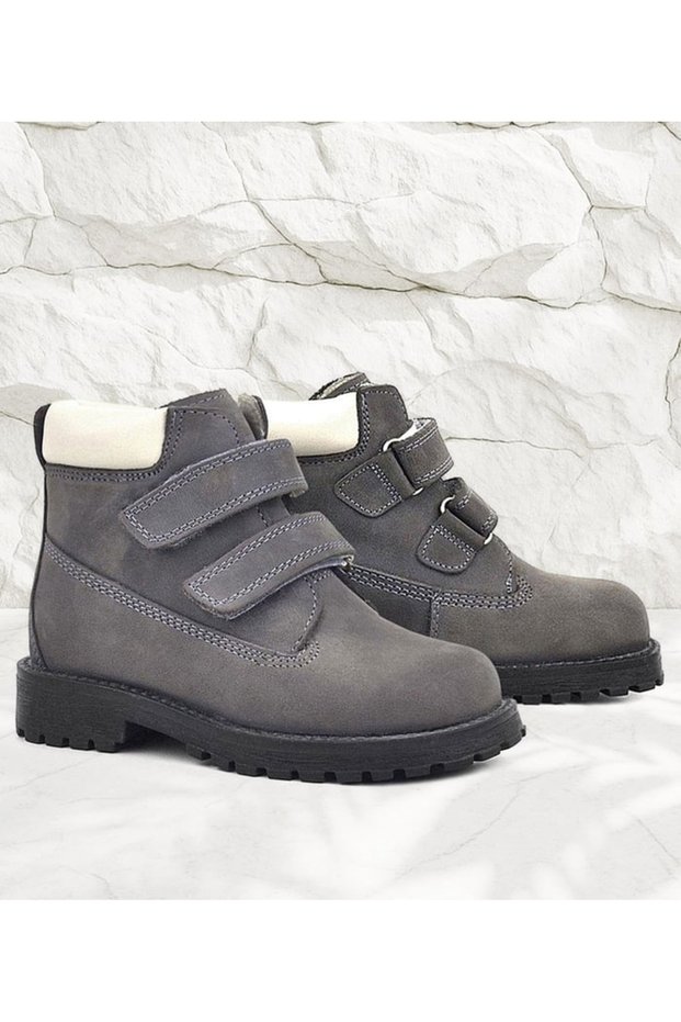 Rakerplus Neson 9055-Grks Gray Nubuck 100% Genuine Leather Velcro Unisex Baby Kids Boots