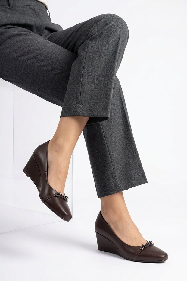 Foles front belt bow buckle women's wedge heel shoes brown skin