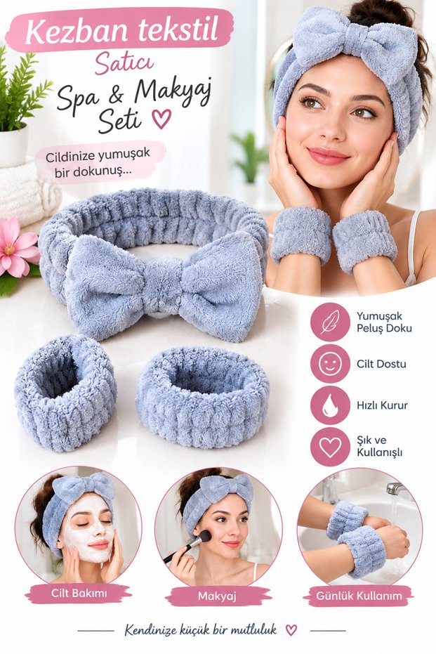 Plush Bandana with Bow and Sleeves Makeup Spa Hair Band Set of 3