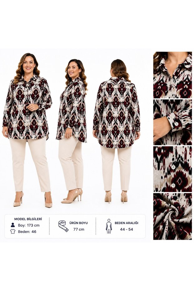 Big Size Non-Reversible Patterned Buttoned Long Sleeves with Bib Collar, Seasonal Trend, Comfortable Modern Shirt