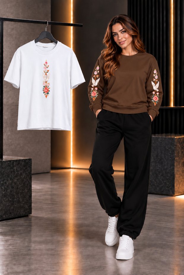 Zero Collar Shardon T-Shirt Track Suit 3-Piece Combination Swan Printed Women's / Girls' Model
