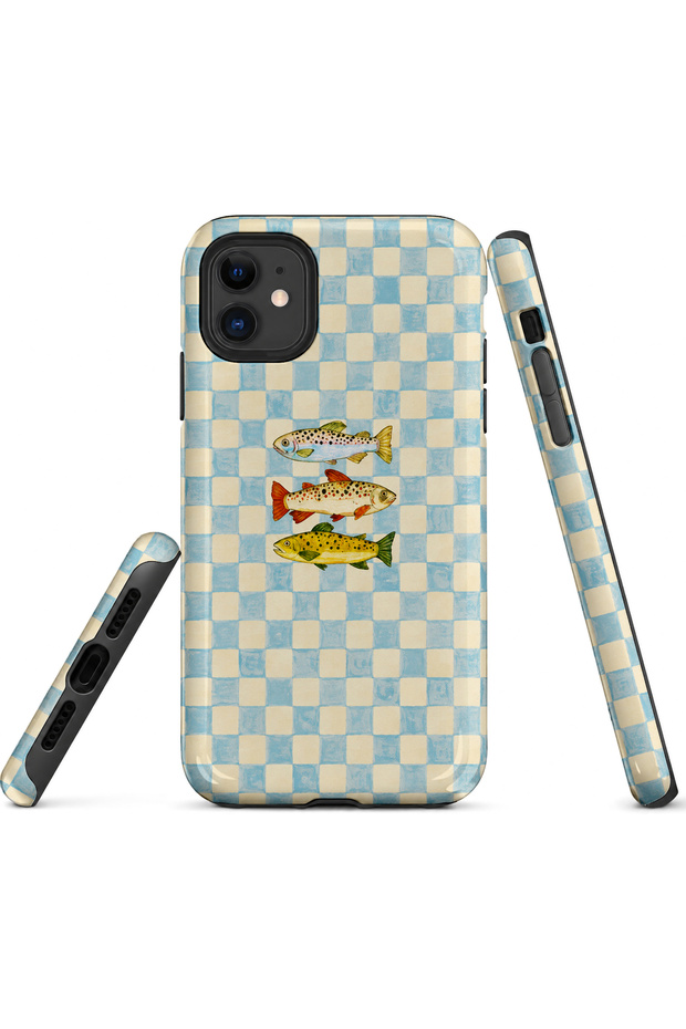 Compatible with iPhone 12 / 12Pro - Checkered Fishes, Double Layer Cover, Glossy Surface Protective Case