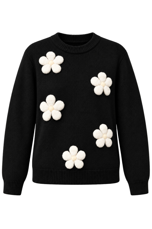 Women's Black Floral Appliqué Detailed Knit Sweater