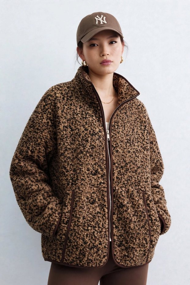 Women's Piping Detail Stand Collar Plush Jacket - Brown