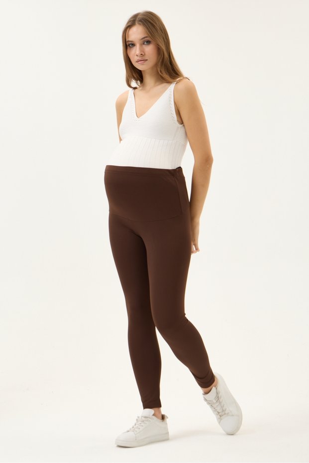 Maternity Winter Leggings, Full Lycra Stretchy Warm Fabric, Adjustable Waist (Coffee)
