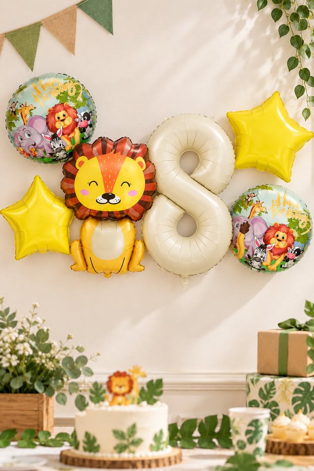 8 Year Old Lion Foil Balloon Set Safari Theme Balloon Set Set39 - 8 Years Old