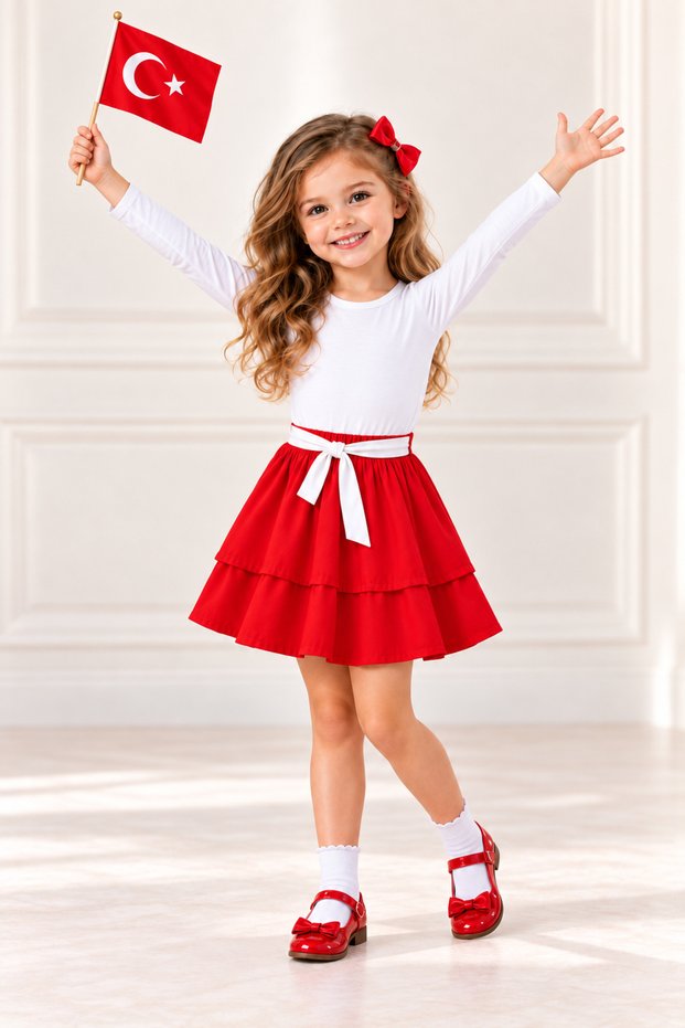 Fashionable Girl's Red Two-Layered Flounced Waist-Tied Skirt for April 23Rd and October 29Th