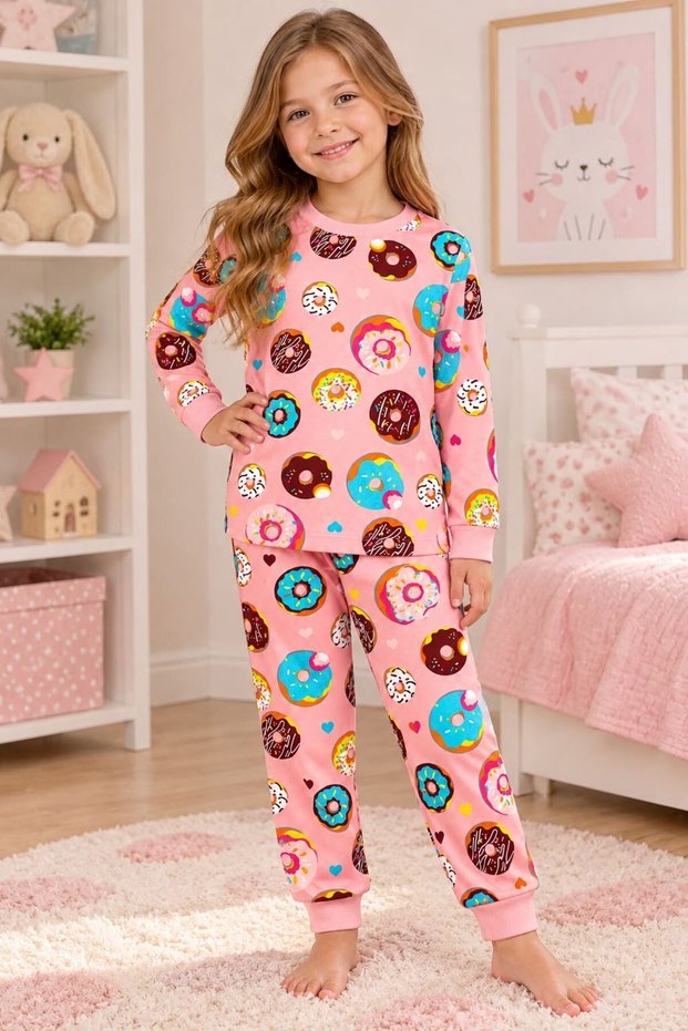 Girl's 100% Cotton Baby Color Donut Patterned Long Sleeve Pajama Set