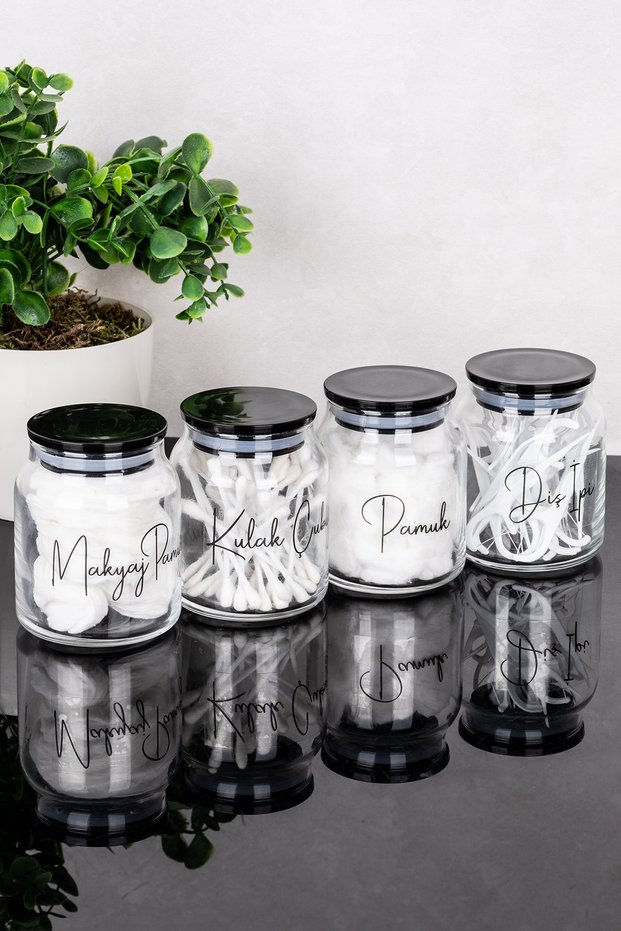 4-Piece Premium Cotton Jar Set with Black Mica Lid Glass Cotton Set Jar Makeup Cotton Ear Swab Floss Labeled Jar Set