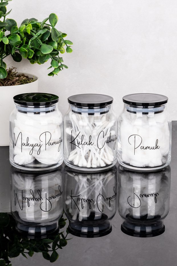 3-Piece Premium Cotton Jar Set with Black Mica Lid Glass Cotton Set Jar Makeup Cotton Swab Labelled Jar Set