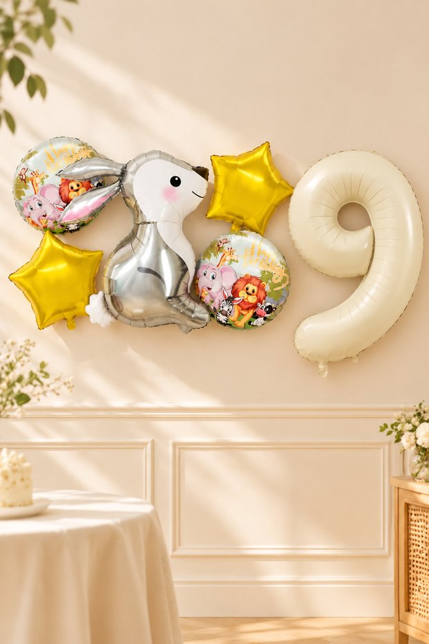 Set of 5 with 9 Year Old Silver Rabbit Foil Balloons and Number Balloon Safari Theme Balloon Set Set41