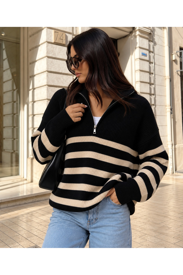 Women's Zippered Collar Striped Knitwear Sweater Oversize Relaxed Cut Casual Design