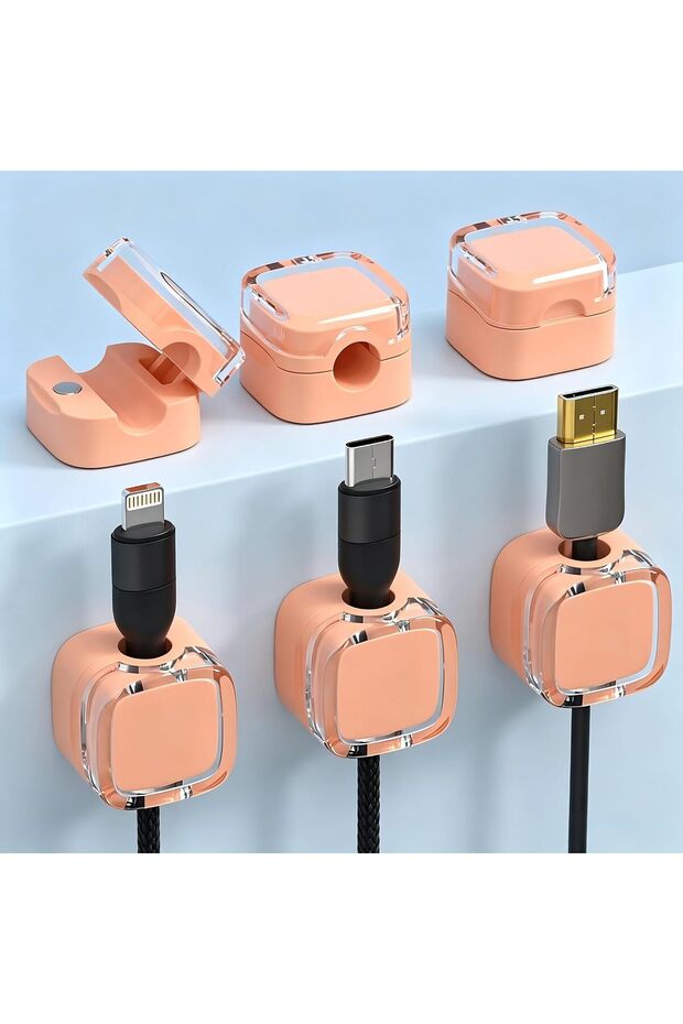 6 قطع مشابك كابلات مغناطيسية، حامل تخزين لكابلات شحن الهاتف والـ USB (برتقالي)