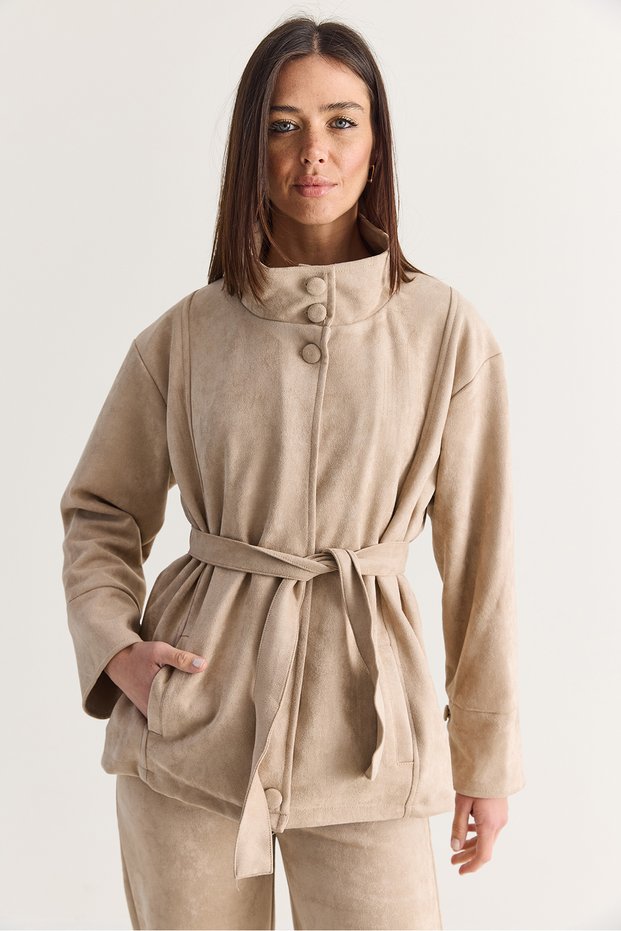 Women's Beige Stand Collar Belted Pocket Detailed Suede Jacket with Elastic Lining on the Back 5010 60286744