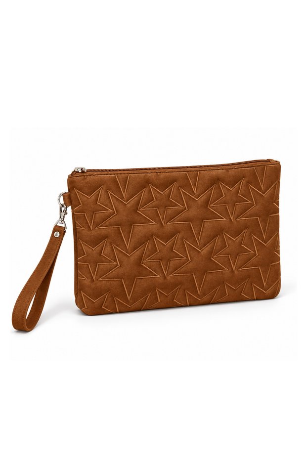 Suede Star Embroidered Portfolio Handbag with Wrist Strap Lined Suede Clutch Bag