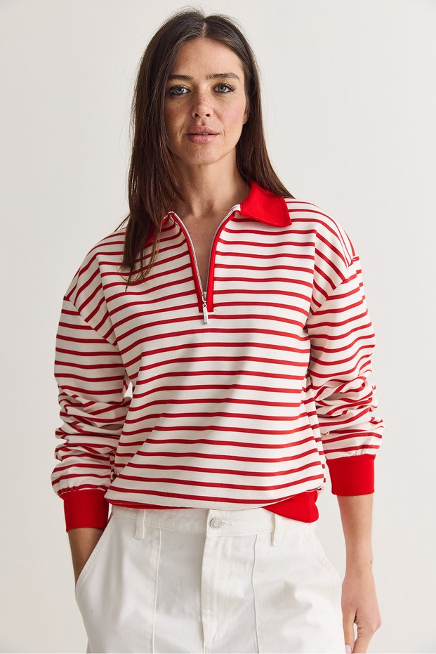 Women's Ecru-Red Striped Polo Collar Half-Zip Oversize Sweatshirt 36075 60286740