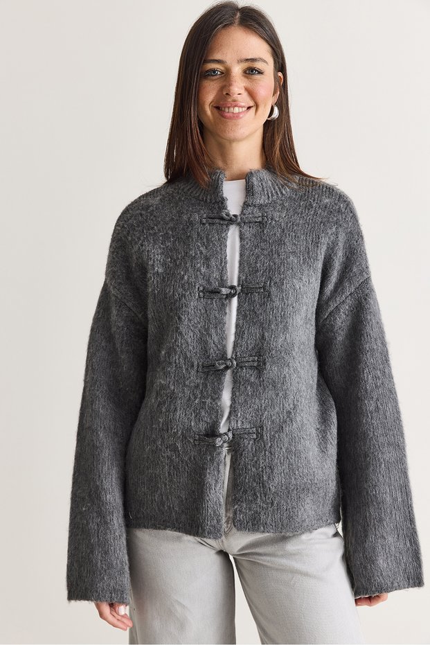 Women's Anthracite Chinese Button Detailed Stand Collar Soft Textured Knitwear Cardigan 9123 60286735