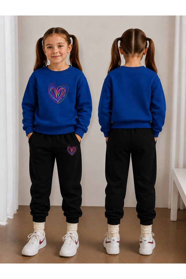Sweatshirt Tracksuit Set for Girls, Crew Neck Printed 3 Yarn Threaded Winter Cotton Comfortable Fit Set
