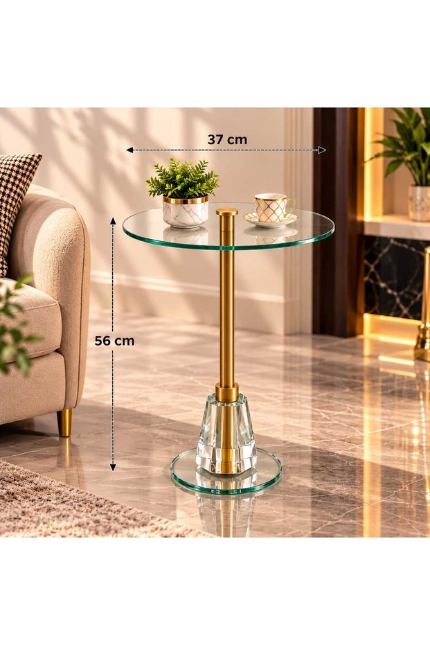 طاولة خدمة زجاجية دائرية بتصميم عصري مع لمسة كرستالية