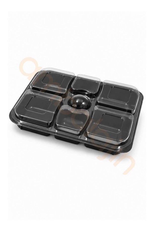 200 Pieces of 7-Compartment Breakfast Plates with Lids 29 × 21 cm – Black Base and Transparent Lid Set