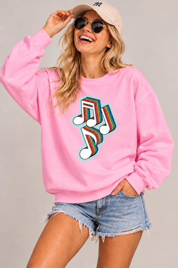 Retro Music Notes Printed Unisex Oversize Sweatshirt – Crew Neck Casual Sweatshirt