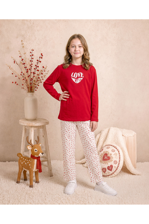 Girls & Teenagers Winter Seasonal Cotton Single Jersey Love Heart Heart Printed Straight Leg Long Sleeve Pajama Set Red