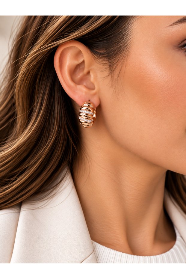 Xuping Rose Color Zircon Stone Curved Bombed Earrings Acr9678