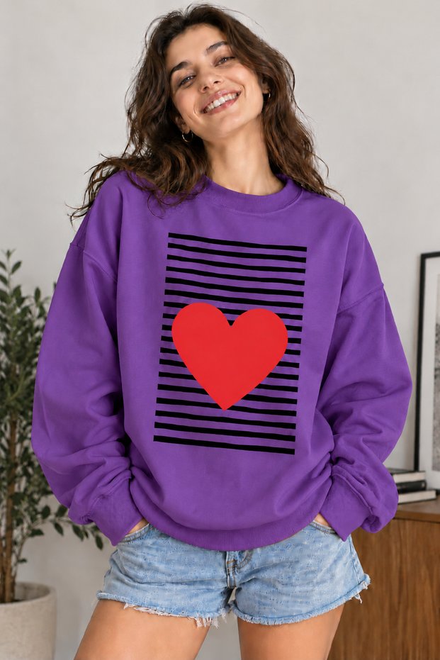 Line Patterned Heart Printed Unisex Oversize Sweatshirt – Crew Neck Casual Sweatshirt