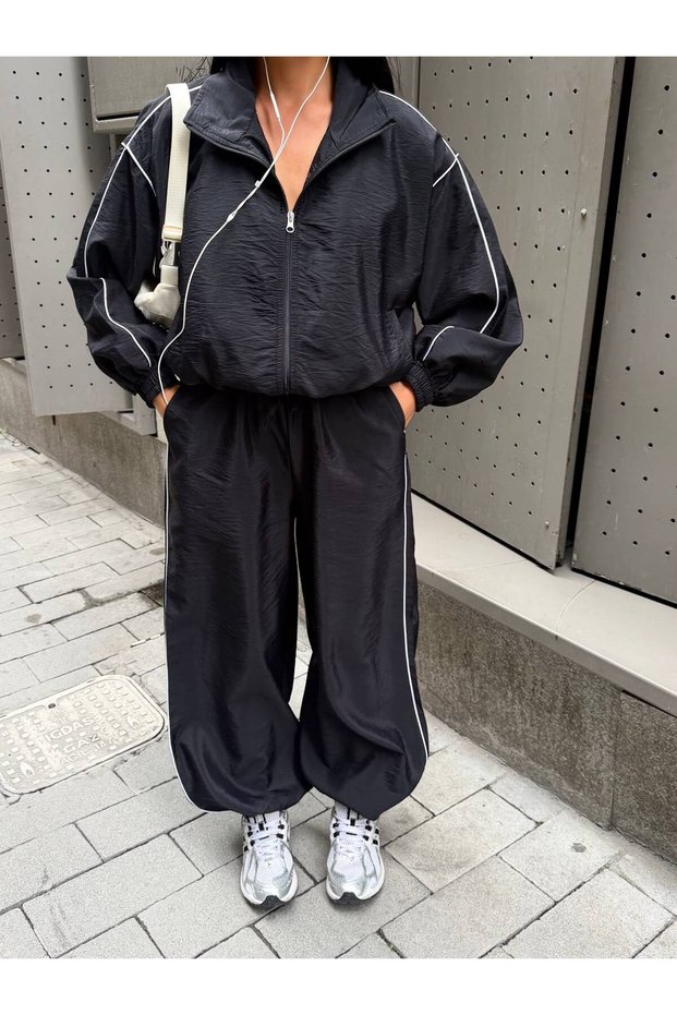 Women's Parachute Fabric Oversize Zippered Crop Jacket and Wide-Leg Pants Two-Piece Set