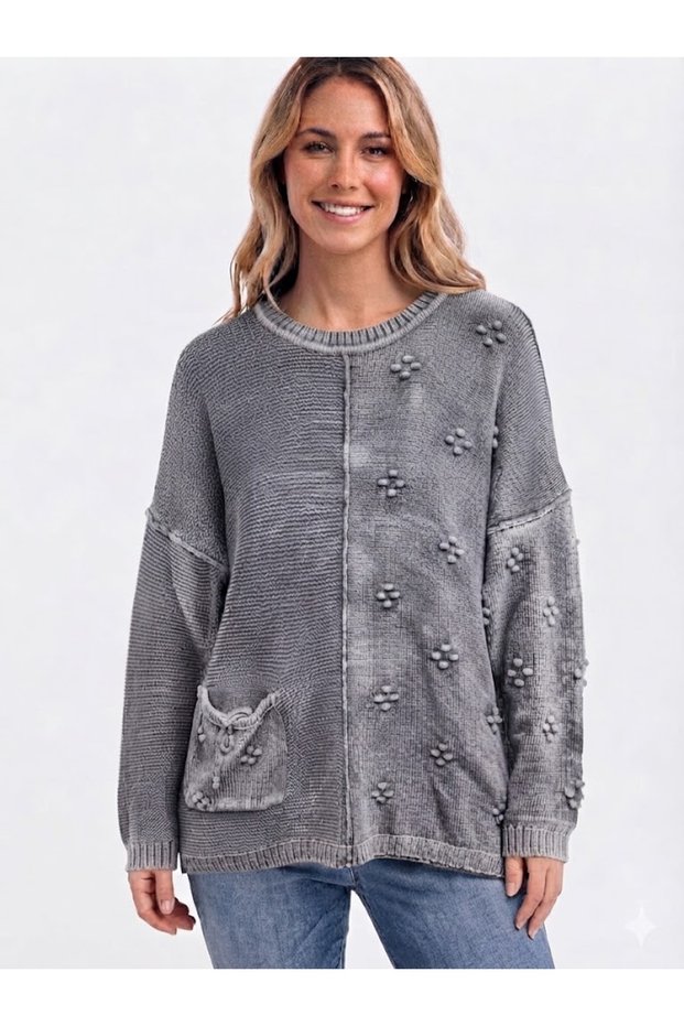 Women's Oversized Casual 100% Cotton Knitwear Sweater Blouse with Pocket and Vintage Detail