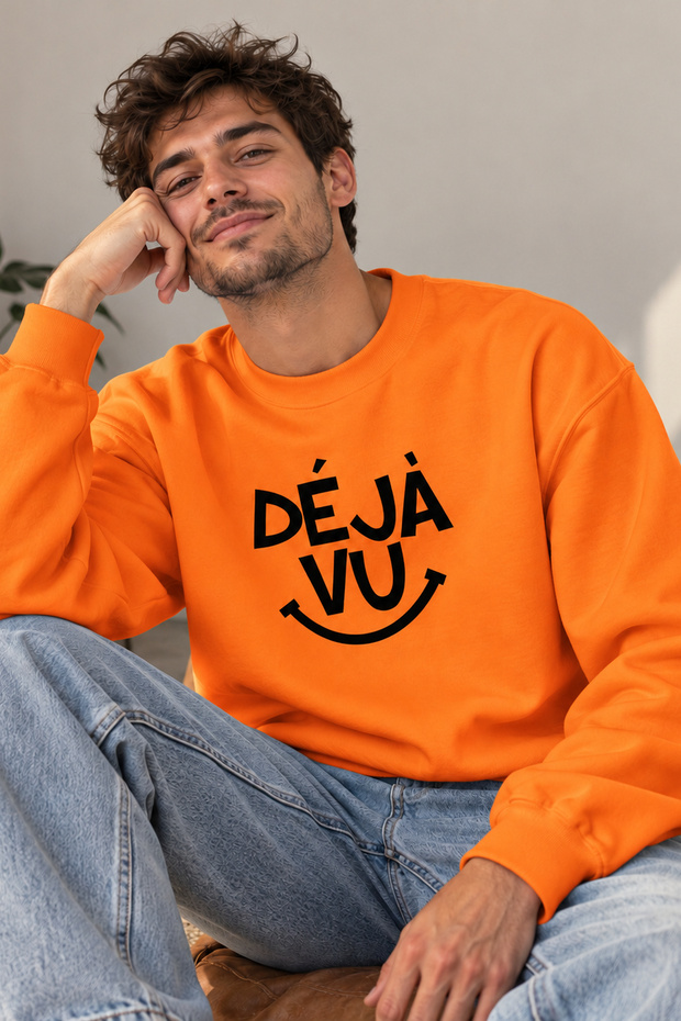 Unisex Oversize Sweatshirt with Deja Vu Written Smile Detail – Crew Neck Casual Daily Sweatshirt