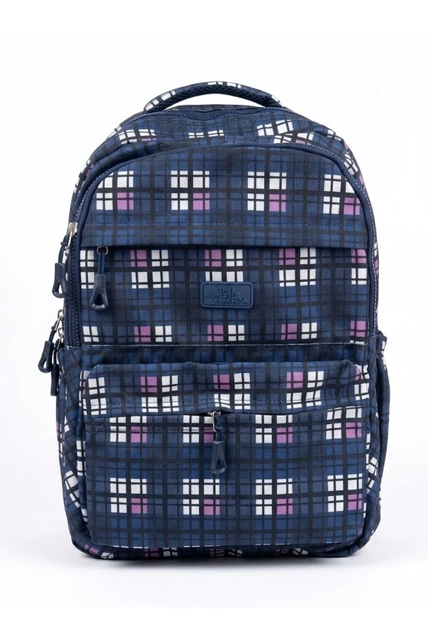 Plaid Patterned Backpack with Multiple Compartments for School and Daily Use Navy Blue