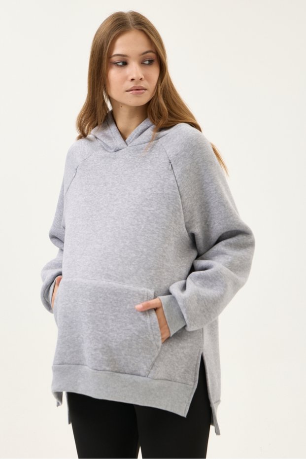 Maternity Gray Oversize Kangru Pocket Hooded 3-Thread Raster Hoodie, Hidden Zipper Detail (Breastfeeding)