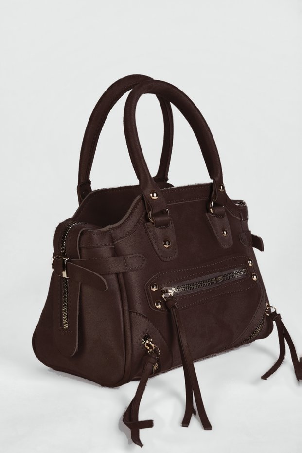 Women's Nisa Brown Suede Tassel Zipper and Buckle Detailed Lined Cross Strap Hand and Shoulder Bag