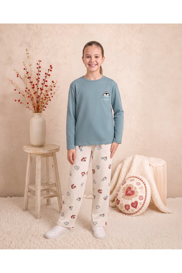 Girls & Teenagers Winter Seasonal Cotton Single Jersey Winter Love Penguin Printed Straight Leg Long Sleeve Pajama Set Blue