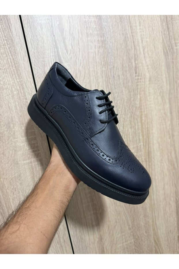 Navy Blue Classic Leather Men's Shoes - Light Sole with Spike Heel