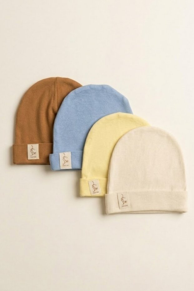 Set of 4 Baby Cotton Berets, Cute Nature Emblem, Flexible Combed Cotton Newborn Children's Hat, Multi-Colored