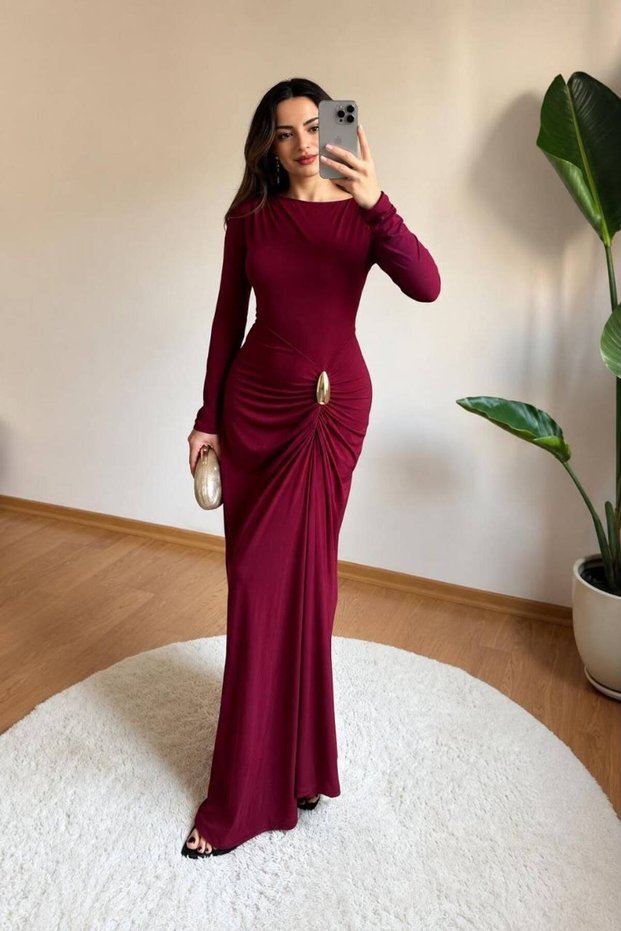 Women's Burgundy Crew Neck Sandy Fabric Long Evening Dress with Waist Buckle and Draped Detail, Graduation Dress