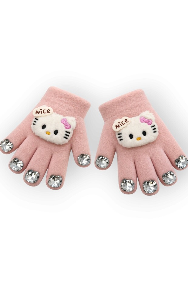 3-8 Years Old Girls' Winter Warm Knitted Gloves – Flexible Lycra Stoned Cat Design Daily School Park Gloves