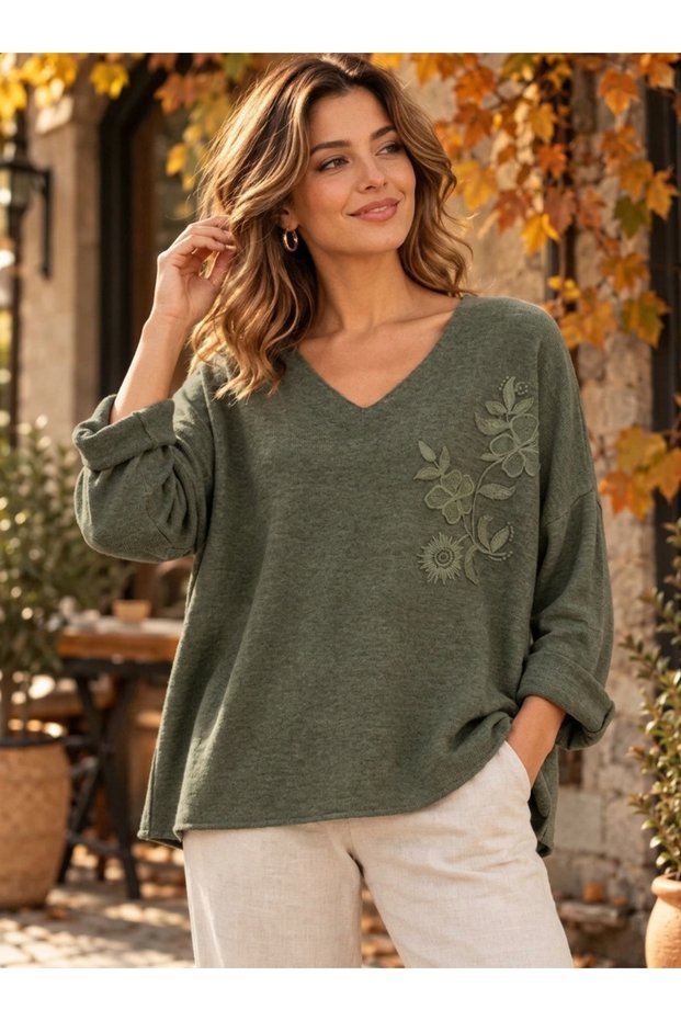 Italian Flower Embroidered V-Neck Tricot Blouse