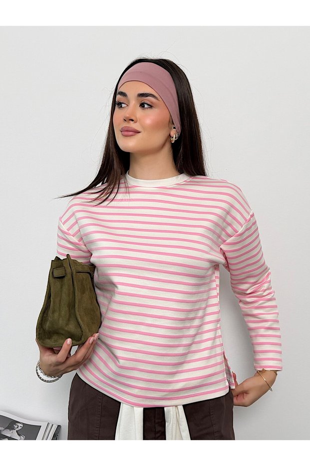 Modal Fabric Women's Striped Long Sleeve Blouse with Slit Detail