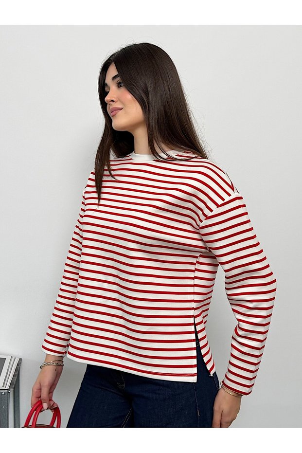 Modal Fabric Women's Striped Long Sleeve Blouse with Slit Detail