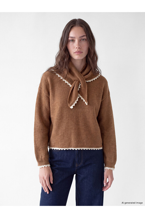 From UZG STORE: A Stylish Women's Knit Sweater with a Scarf Collar and Yoke Detail for Fashion-Conscious Women