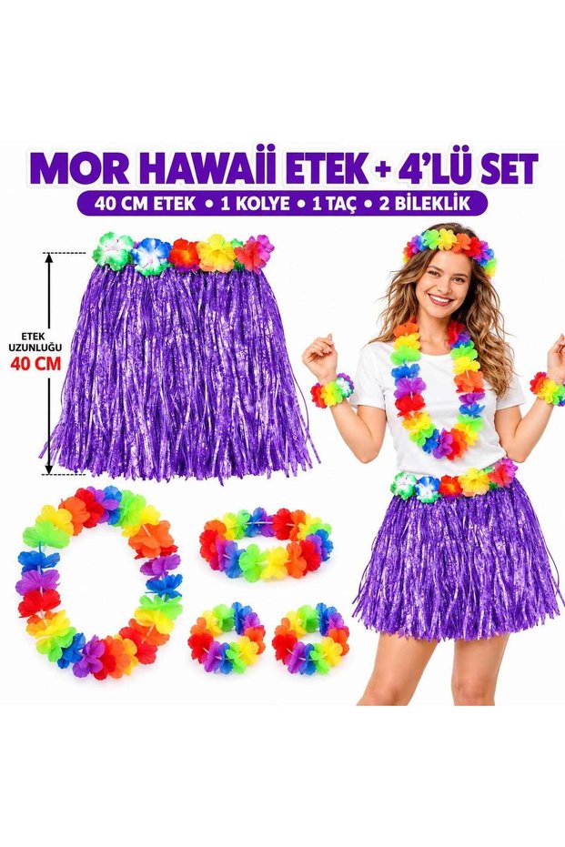 Luau Aloha Purple Hawaii Skirt 40 cm and Hawaiian Set of 4