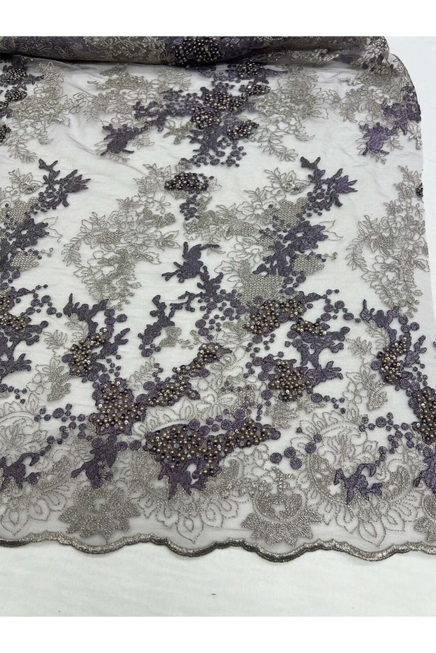 Beaded Embroidered Evening Dress Fabric - Lilac Color