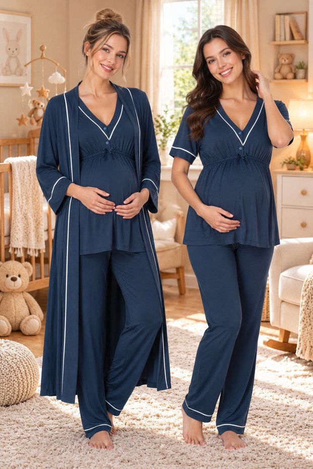 Cotton Maternity Pajama Set with Adjustable Waist and Elastic Band, Breastfeeding Feature, 3-Piece Set Effortt