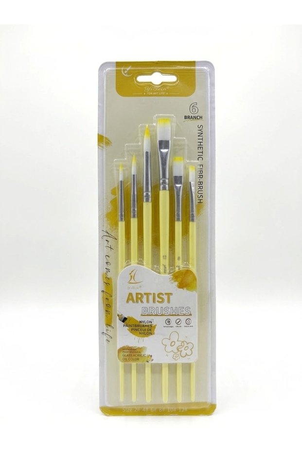 6-Piece Artist Brush Set Watercolor Acrylic Gouache Synthetic Bristle Yellow