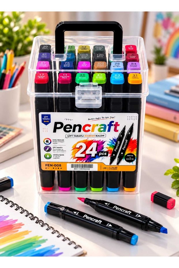 Mr Pencraft 24 Colors Double-Tip Marker Pen Set – Professional Drawing, Painting, and Design Pens with Fine and Thick Tips