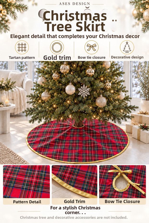 Pine Tree Skirt Cover 120 cm Gold Piping Red Plaid Patterned Christmas Skirt Cover
