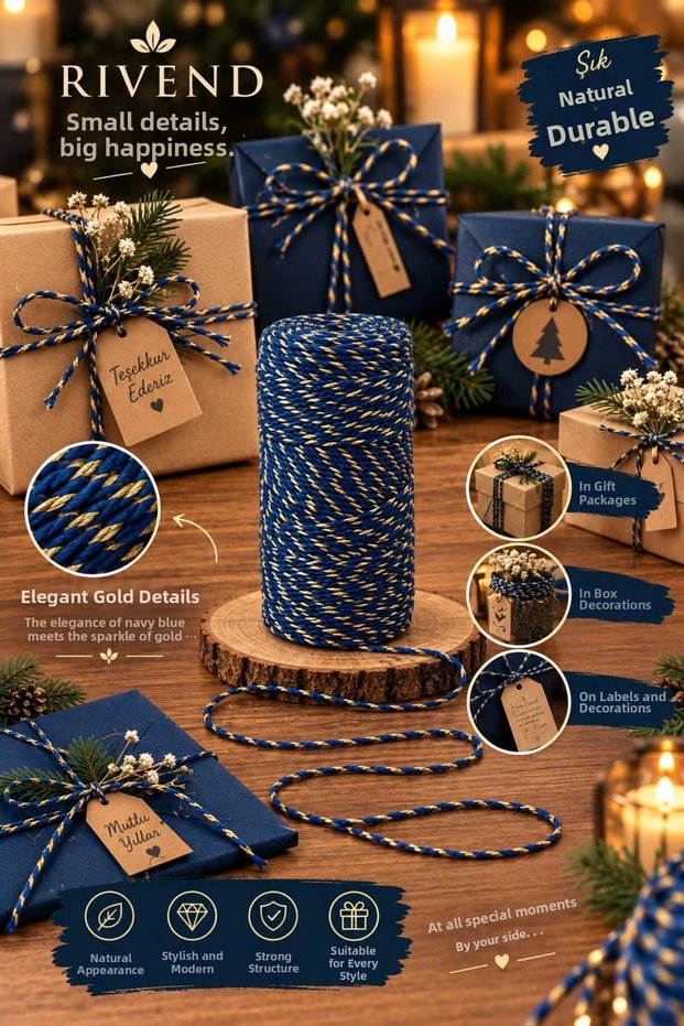 Packing String 2 Colors Navy Blue-Gold 50 Meters 2mm Packaging String